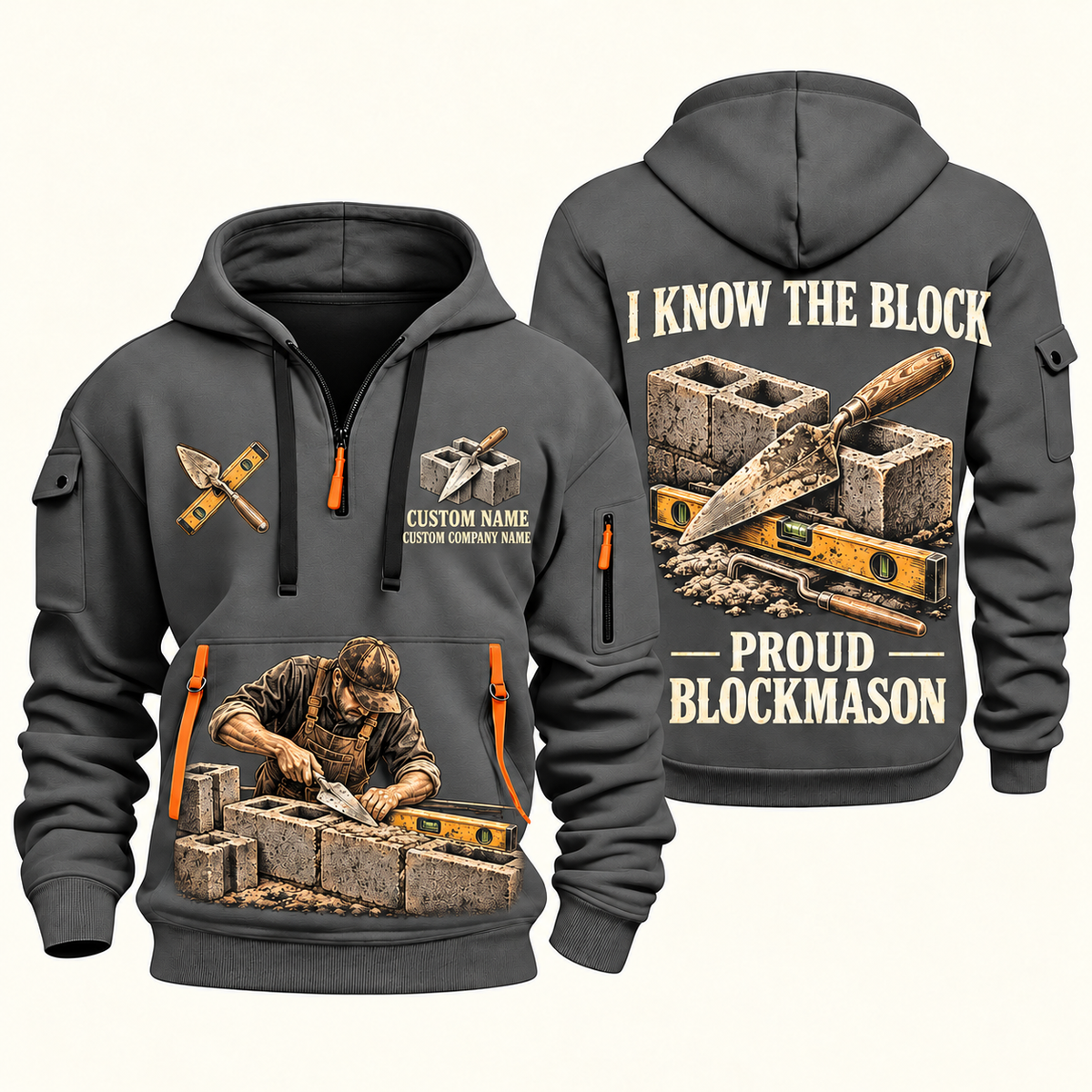 Blockmason Proud Craftsperson Quarter Zip Hoodie Gray front and back