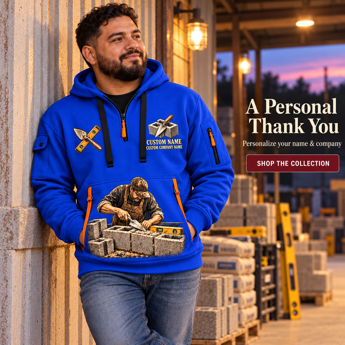 Blockmason Proud Craftsperson Quarter Zip Hoodie Blue listing hero