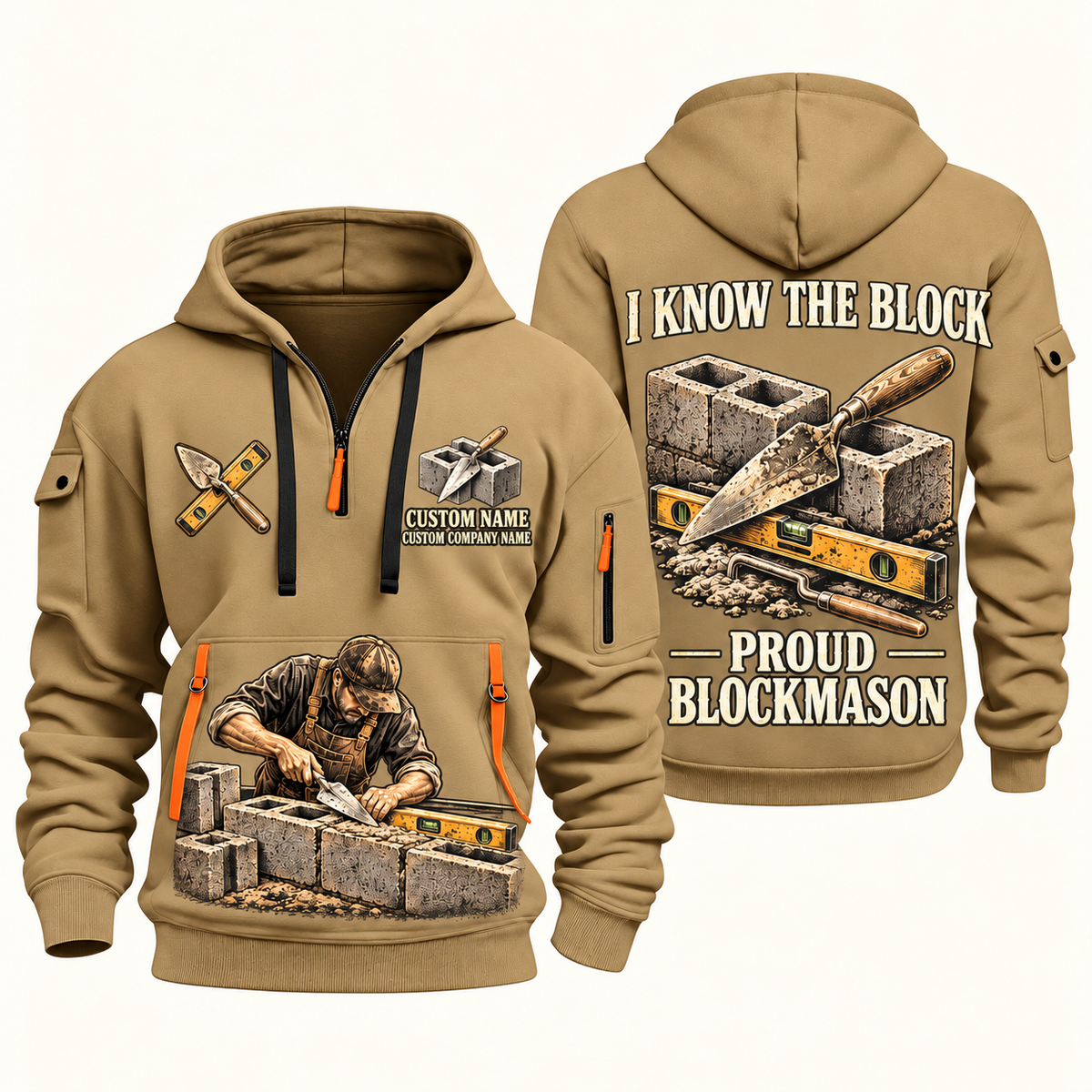 Blockmason Proud Craftsperson Quarter Zip Hoodie Khaki front and back