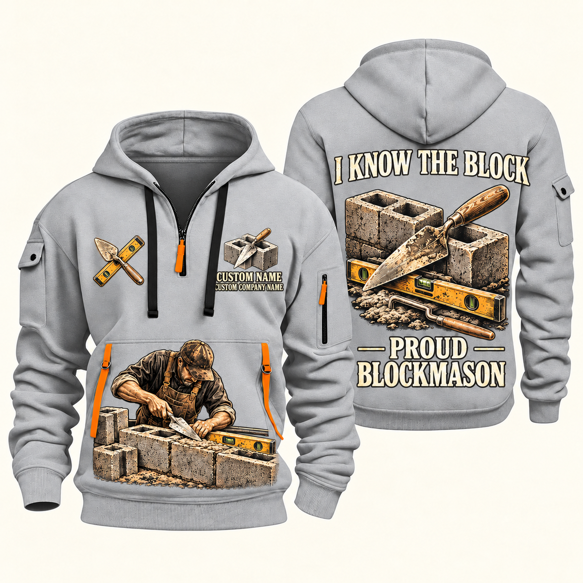Blockmason Proud Craftsperson Quarter Zip Hoodie Light Grey front and back
