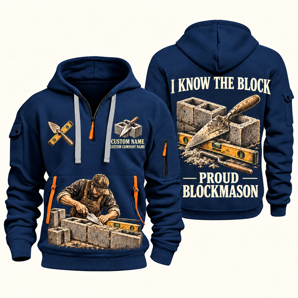 Blockmason Proud Craftsperson Quarter Zip Hoodie Navy front and back