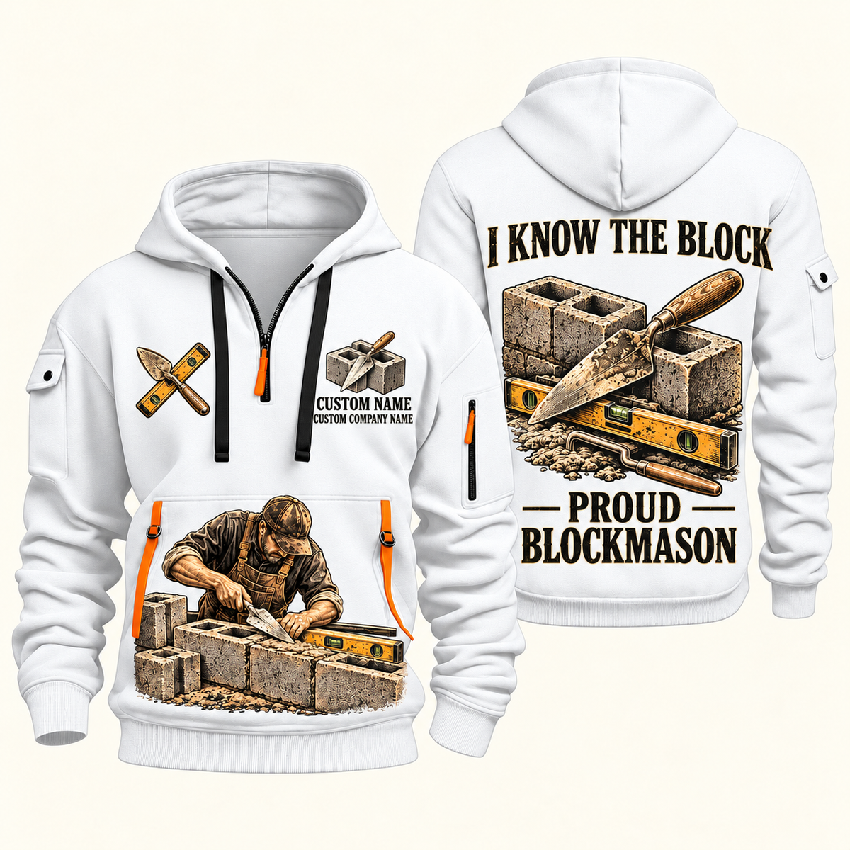 Blockmason Proud Craftsperson Quarter Zip Hoodie White front and back