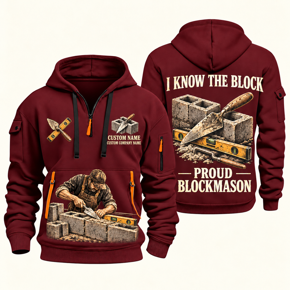Blockmason Proud Craftsperson Quarter Zip Hoodie Wine Red front and back