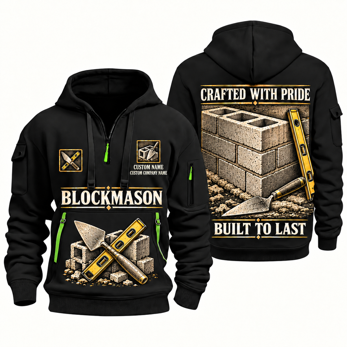 Blockmason Built to Last Quarter Zip Hoodie Black front and back