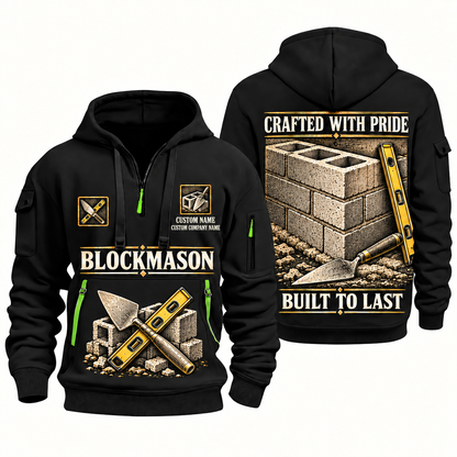Blockmason Built to Last Quarter Zip Hoodie Black front and back