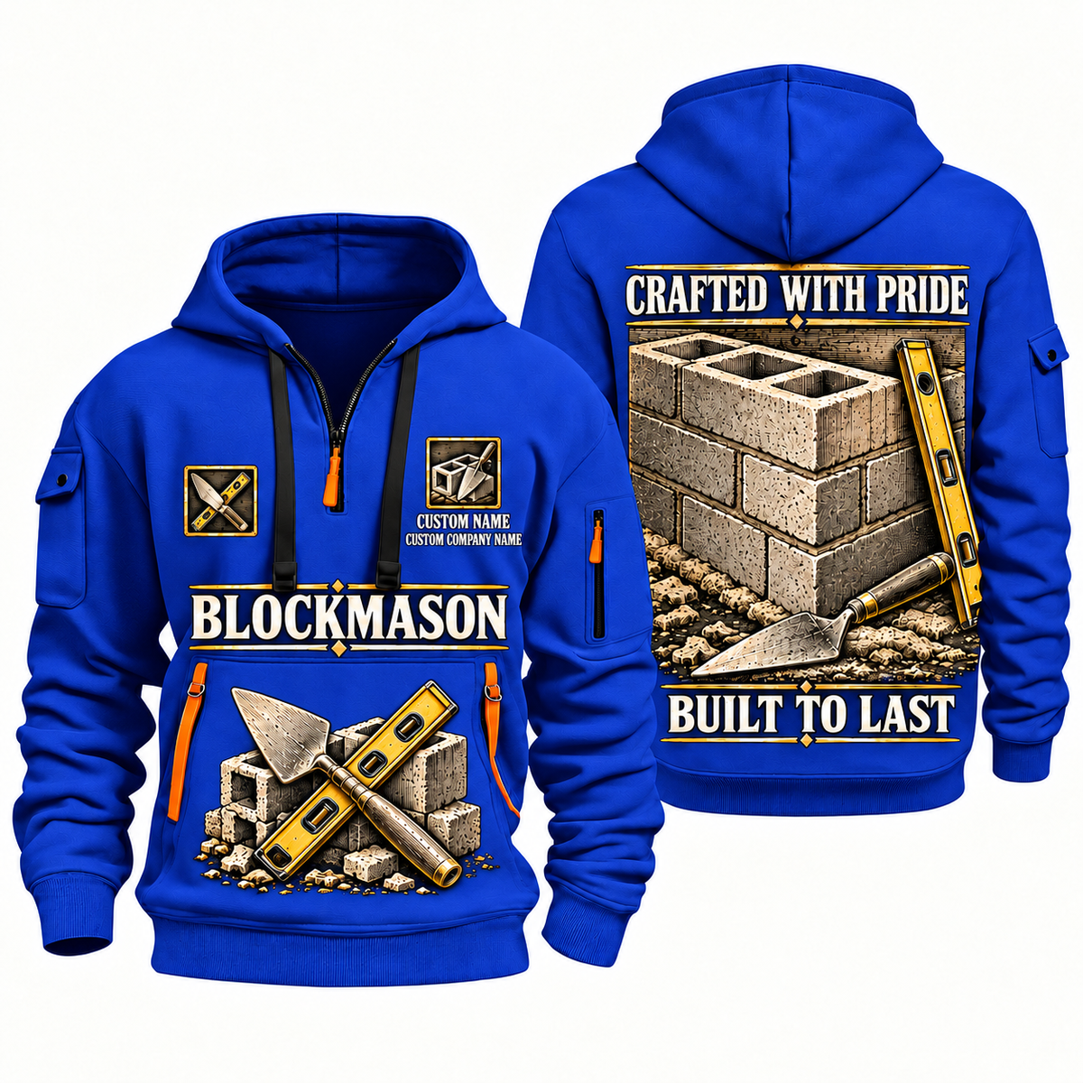 Blockmason Built to Last Quarter Zip Hoodie Blue front and back