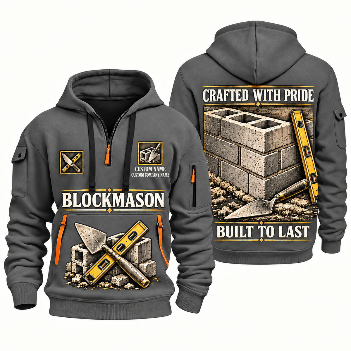 Blockmason Built to Last Quarter Zip Hoodie Gray front and back