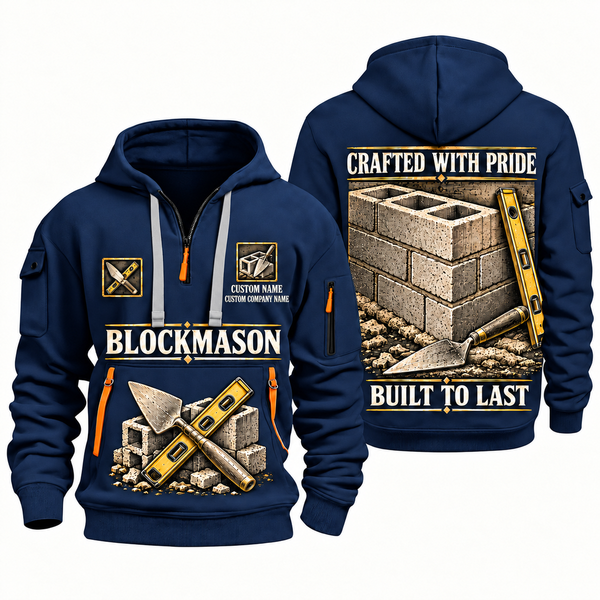Blockmason Built to Last Quarter Zip Hoodie Navy front and back