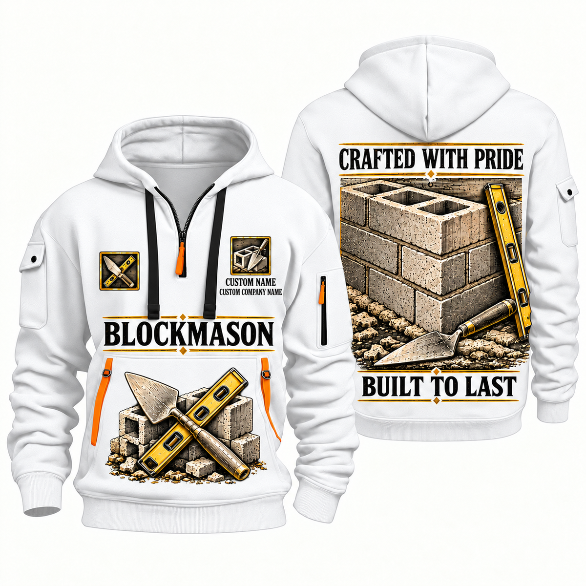 Blockmason Built to Last Quarter Zip Hoodie White front and back