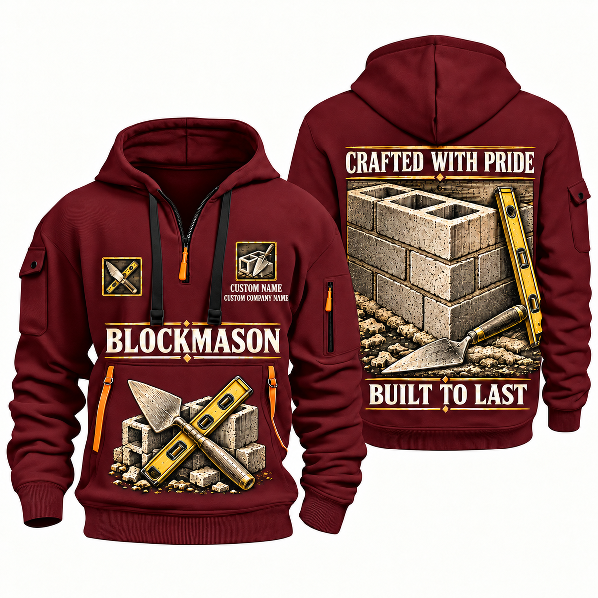 Blockmason Built to Last Quarter Zip Hoodie Wine Red front and back