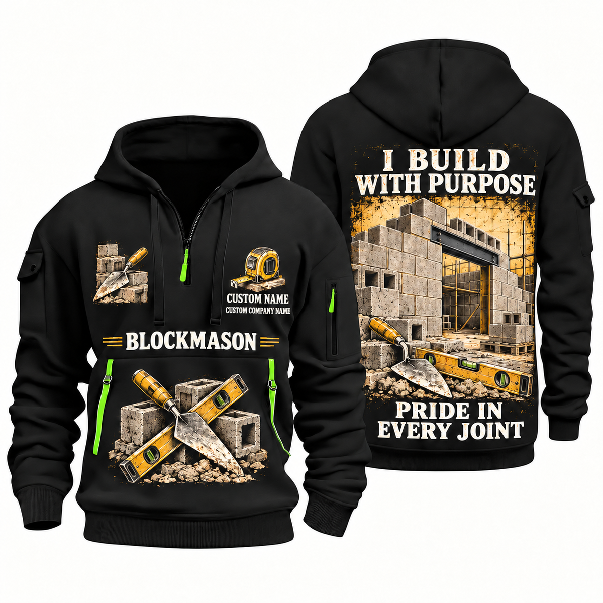 Blockmason Work with Purpose Quarter Zip Hoodie Black front and back