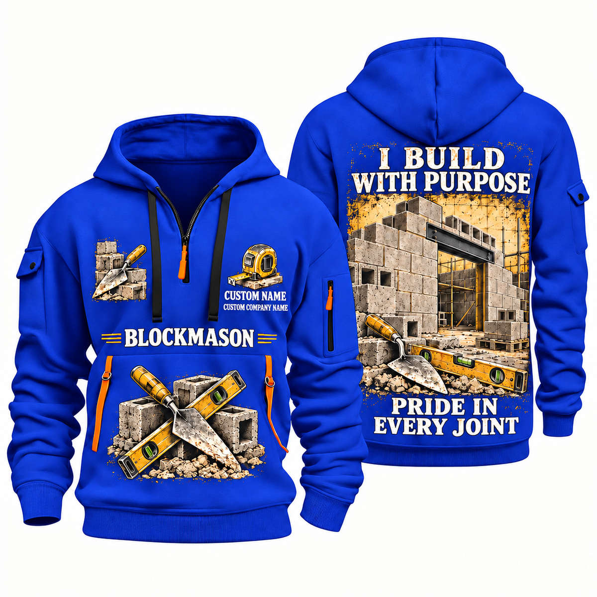 Blockmason Work with Purpose Quarter Zip Hoodie Blue front and back