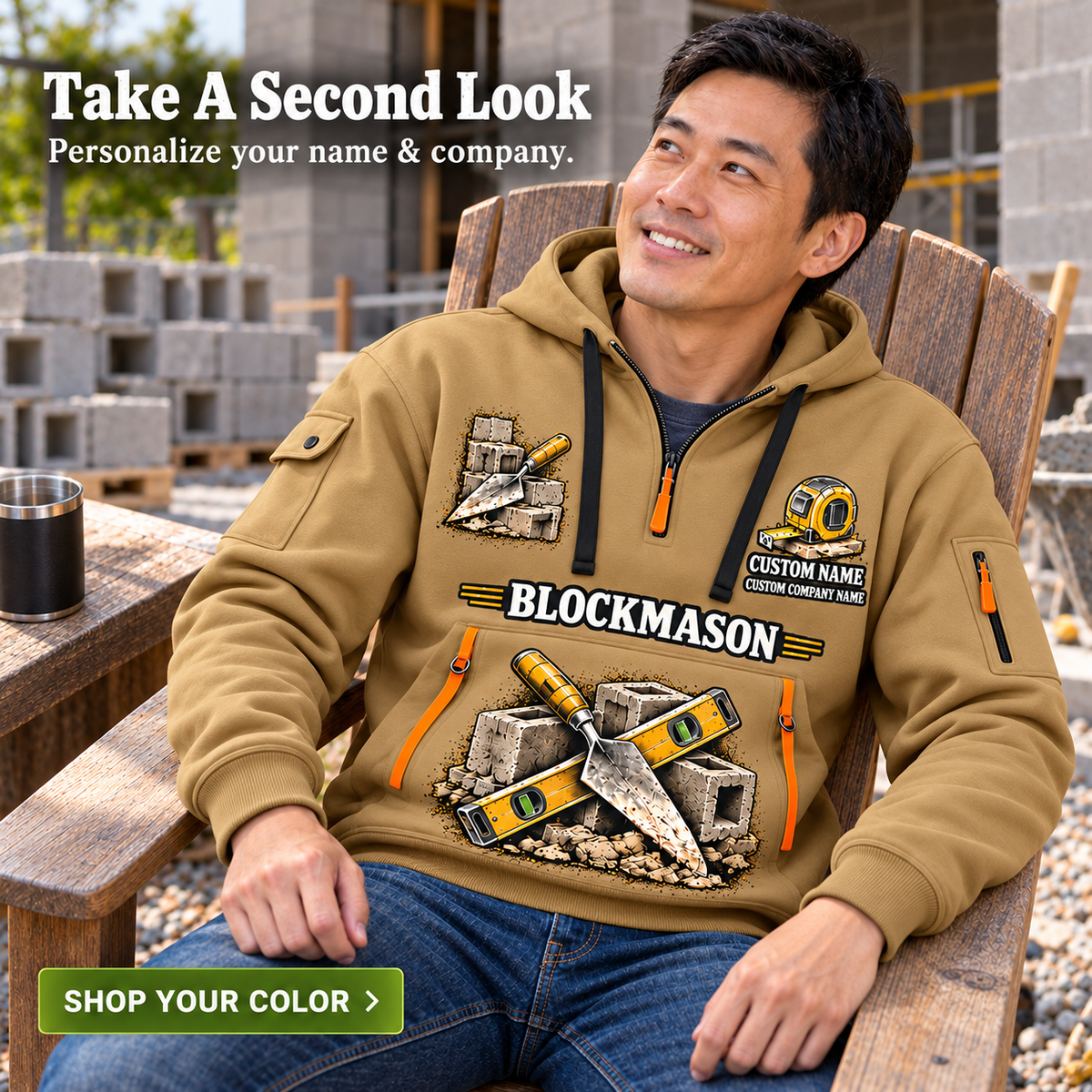 Blockmason Work with Purpose Quarter Zip Hoodie Khaki listing hero