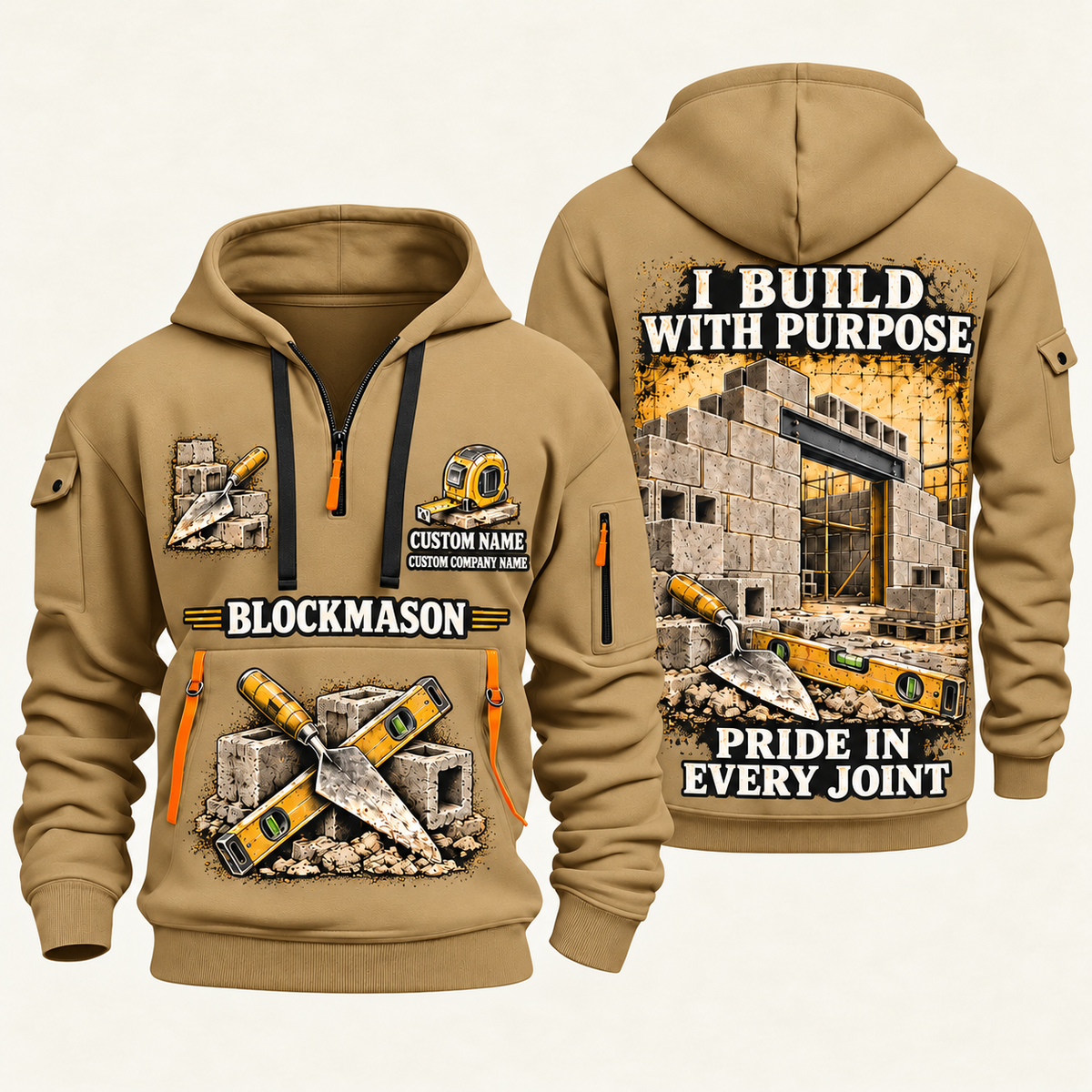 Blockmason Work with Purpose Quarter Zip Hoodie Khaki front and back