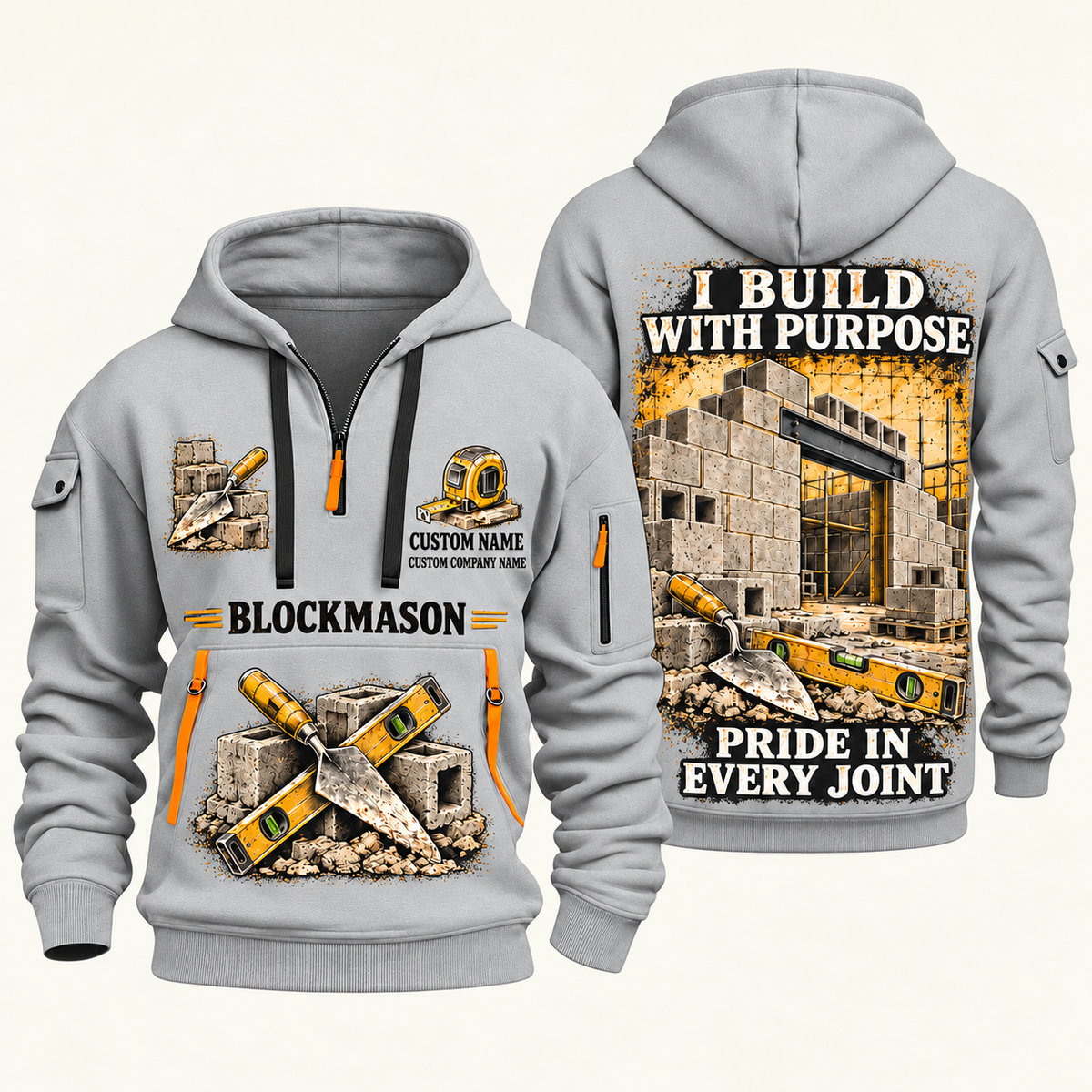 Blockmason Work with Purpose Quarter Zip Hoodie Light Grey front and back
