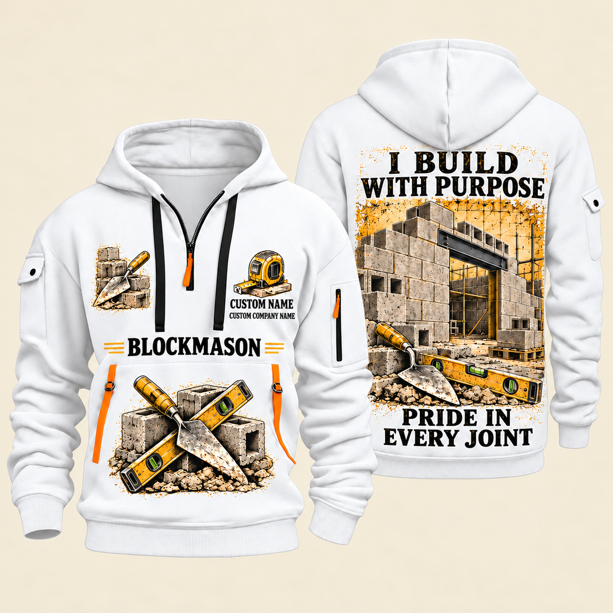 Blockmason Work with Purpose Quarter Zip Hoodie White front and back