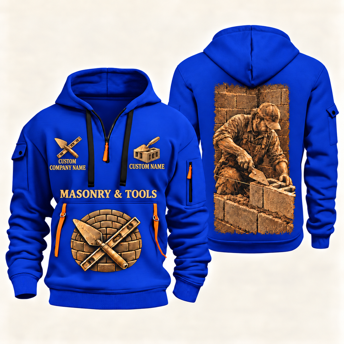 Blockmason Golden Craft Quarter Zip Hoodie Blue front and back