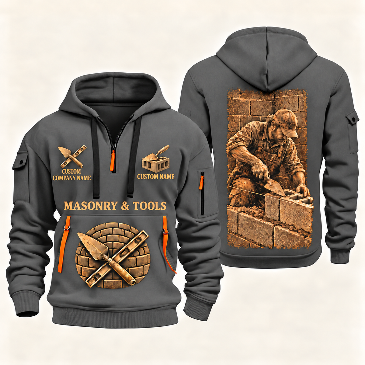 Blockmason Golden Craft Quarter Zip Hoodie Gray front and back