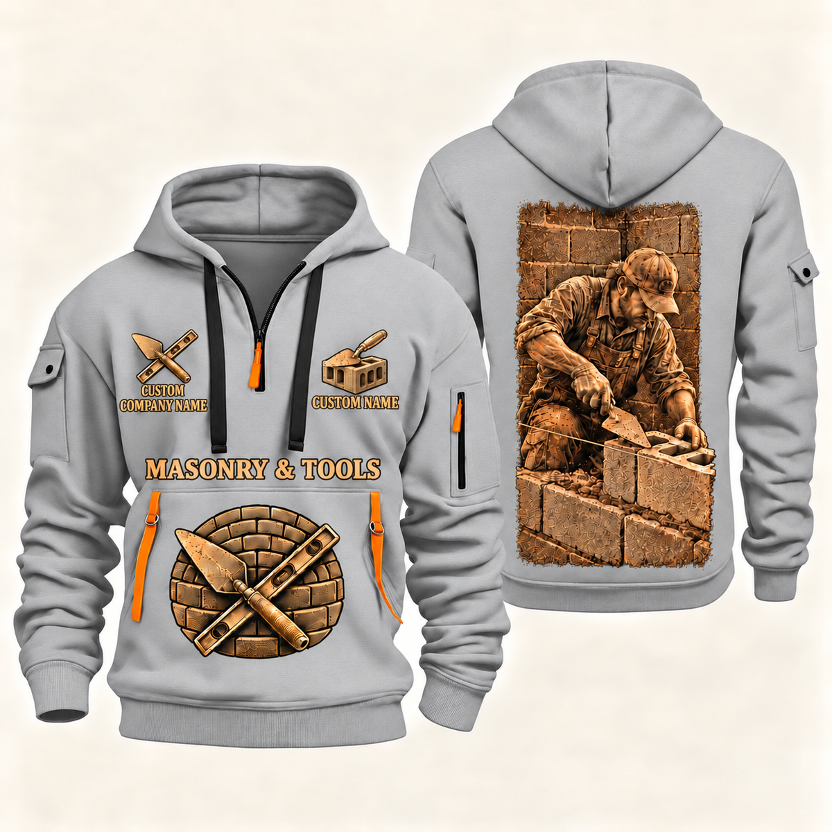 Blockmason Golden Craft Quarter Zip Hoodie Light Grey front and back