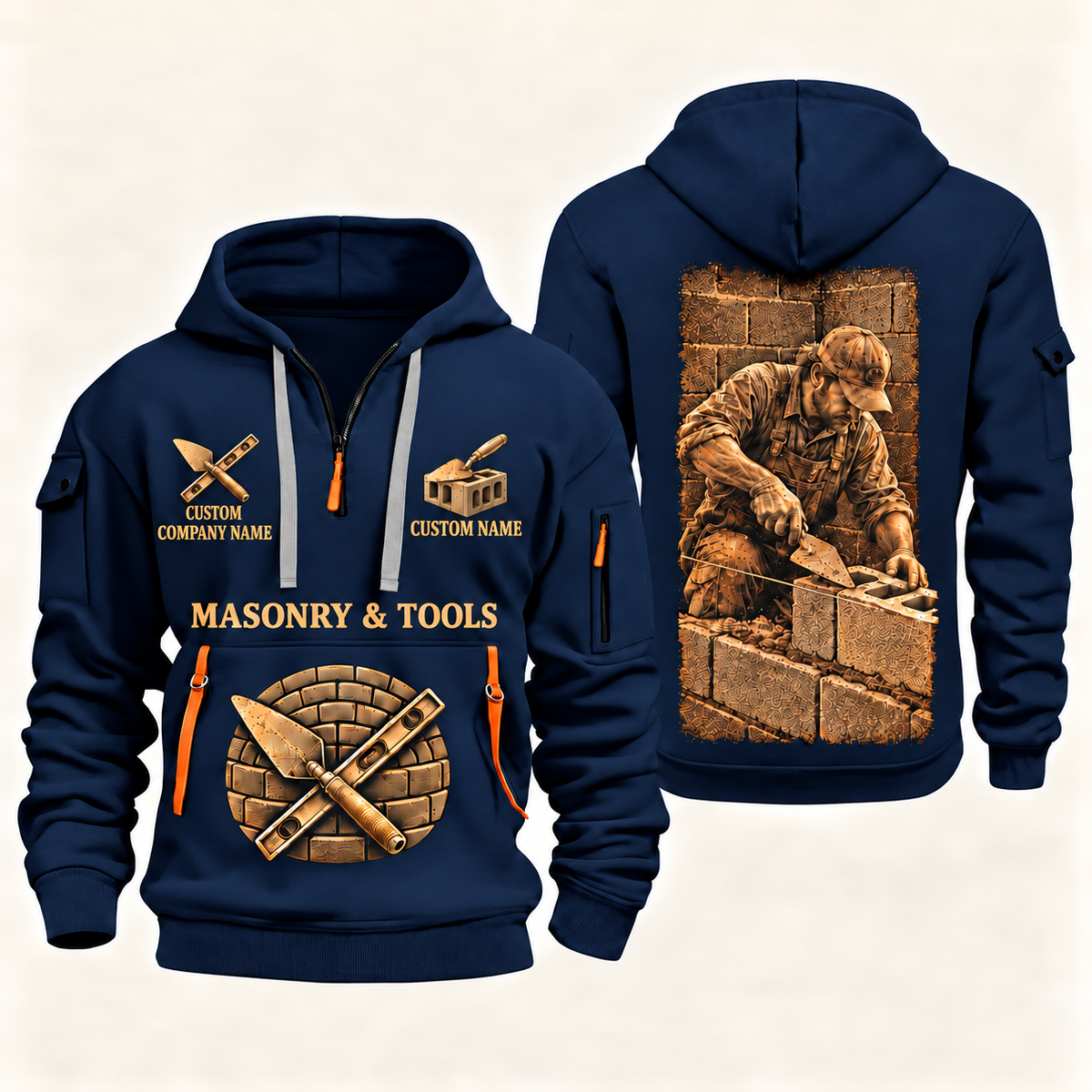 Blockmason Golden Craft Quarter Zip Hoodie Navy front and back
