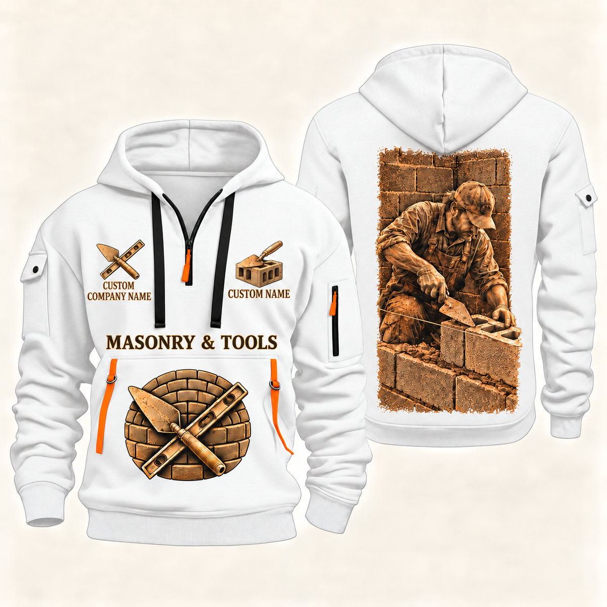 Blockmason Golden Craft Quarter Zip Hoodie White front and back