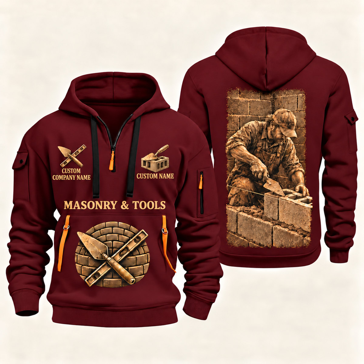 Blockmason Golden Craft Quarter Zip Hoodie Wine Red front and back