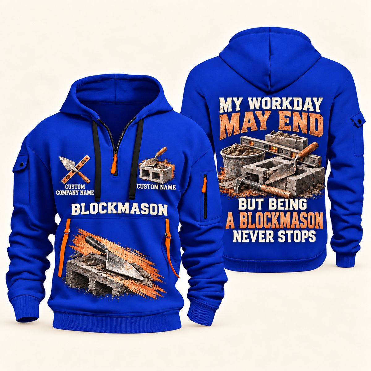 Blockmason Never Stops Quarter Zip Hoodie Blue front and back