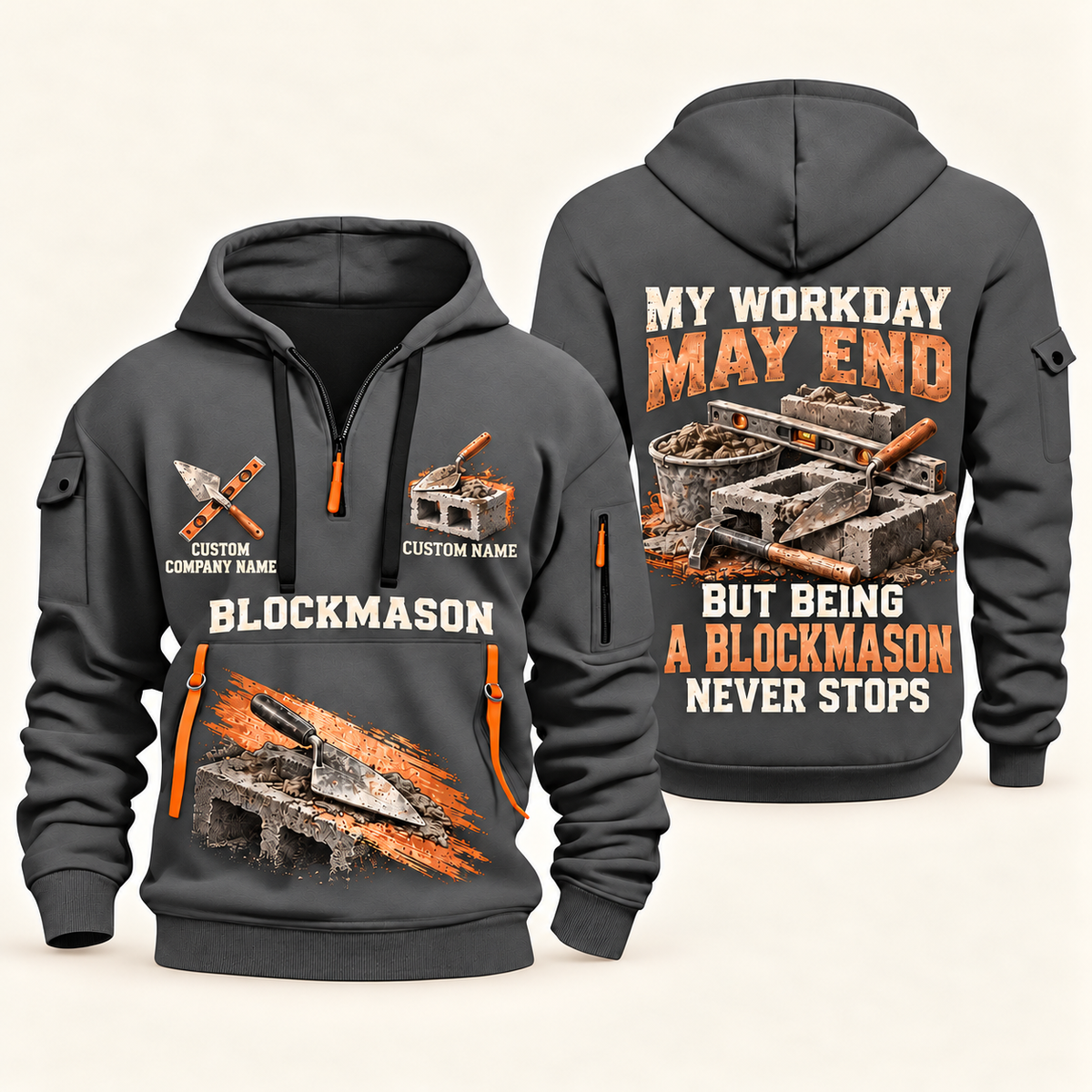 Blockmason Never Stops Quarter Zip Hoodie Gray front and back