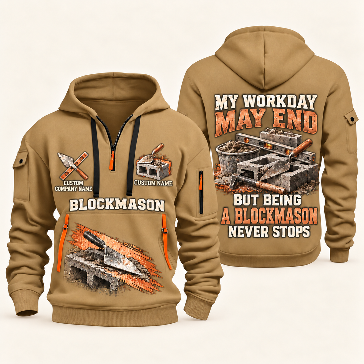 Blockmason Never Stops Quarter Zip Hoodie Khaki front and back