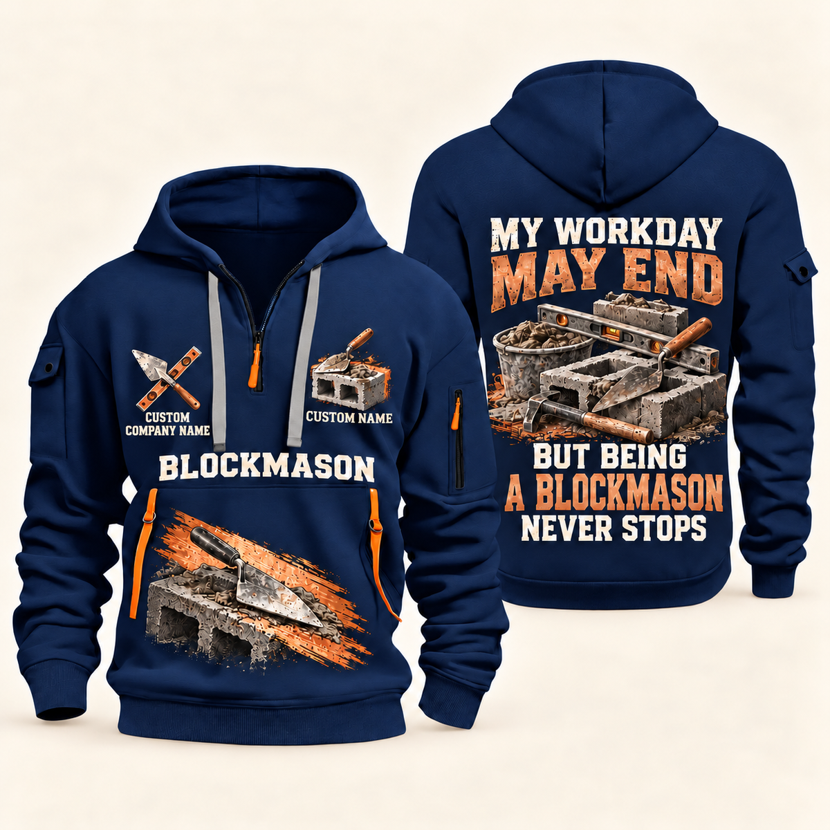 Blockmason Never Stops Quarter Zip Hoodie Navy front and back