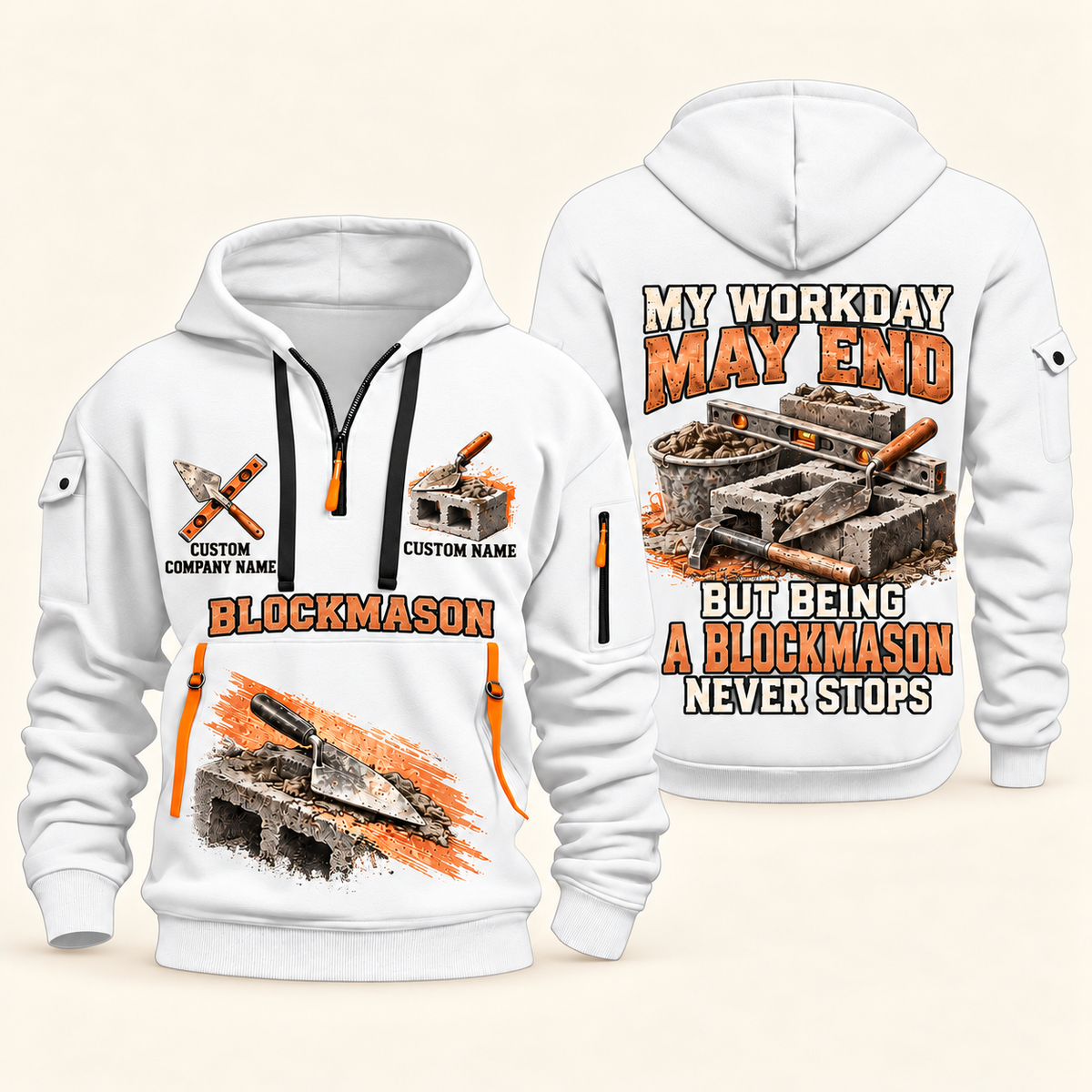 Blockmason Never Stops Quarter Zip Hoodie White front and back