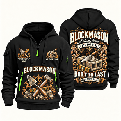 Blockmason Steady Hands Quarter Zip Hoodie Black front and back