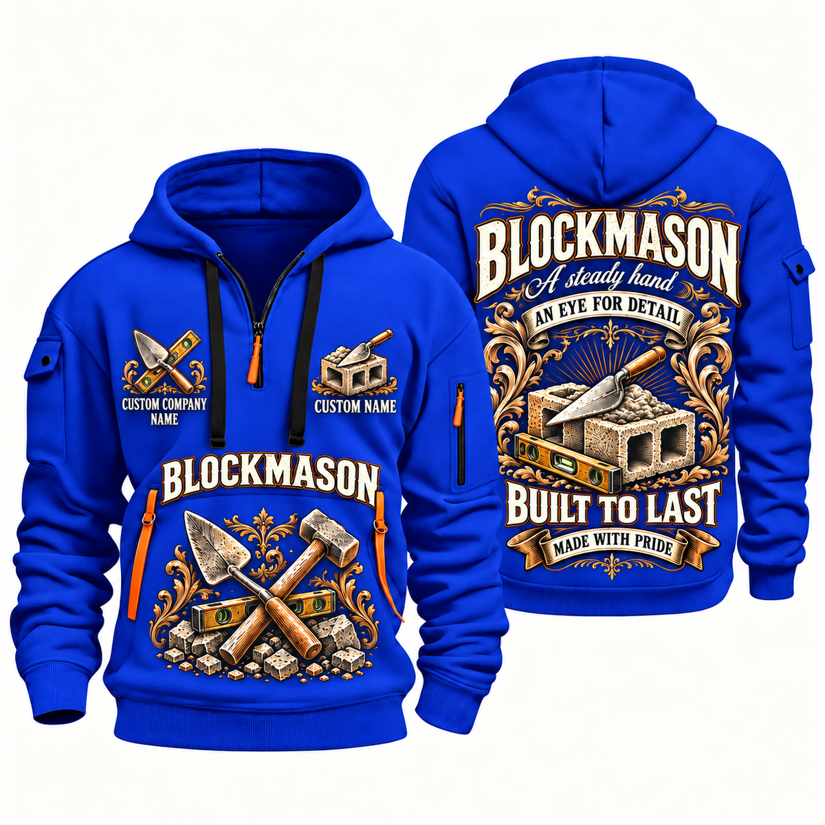 Blockmason Steady Hands Quarter Zip Hoodie Blue front and back
