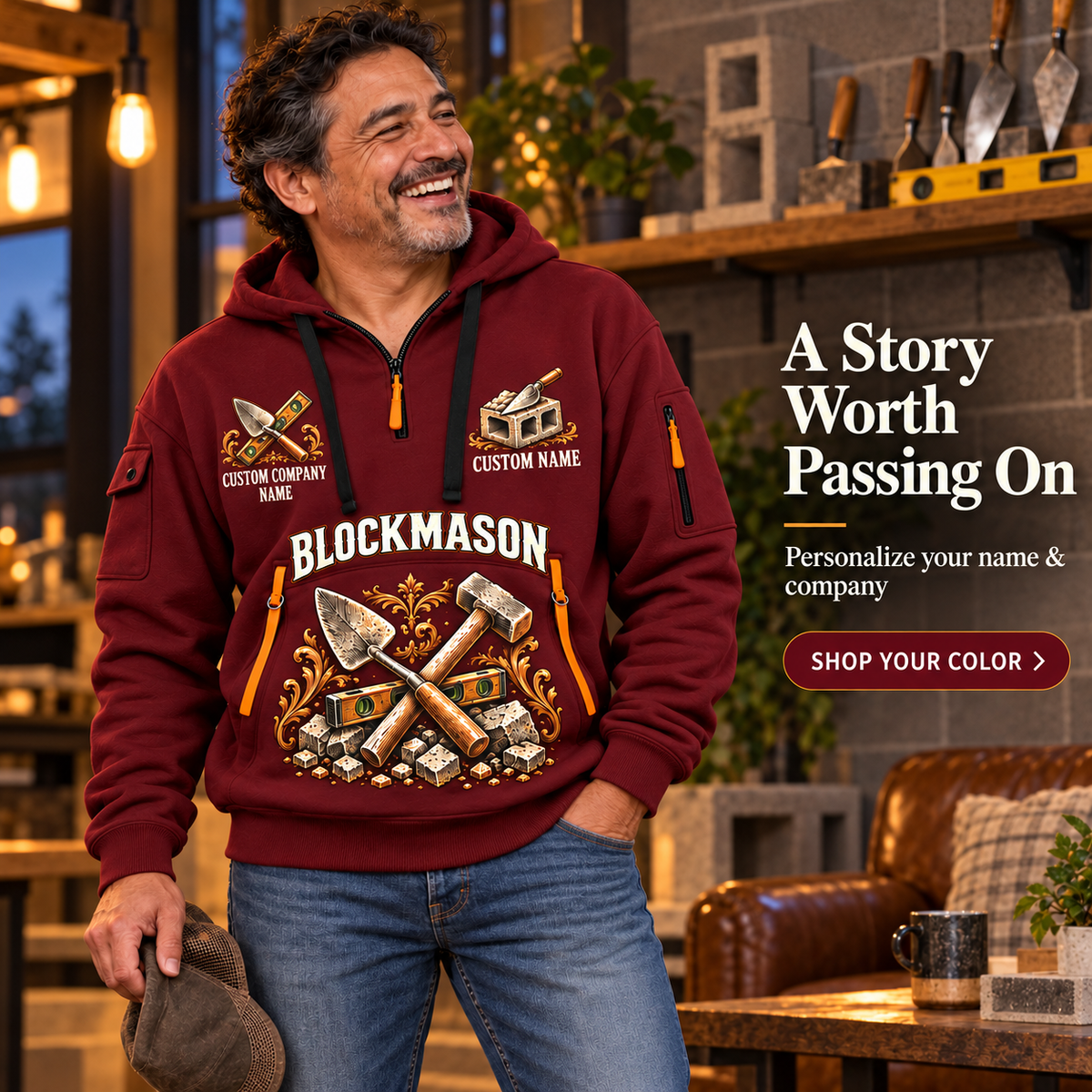 Blockmason Steady Hands Quarter Zip Hoodie Wine Red listing hero