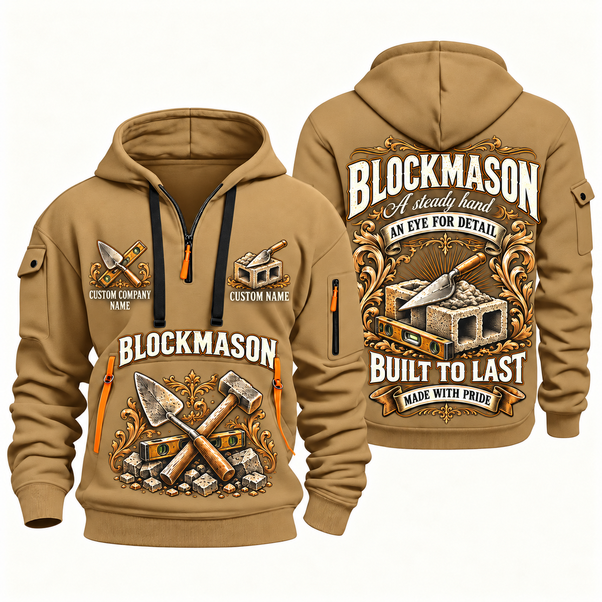 Blockmason Steady Hands Quarter Zip Hoodie Khaki front and back