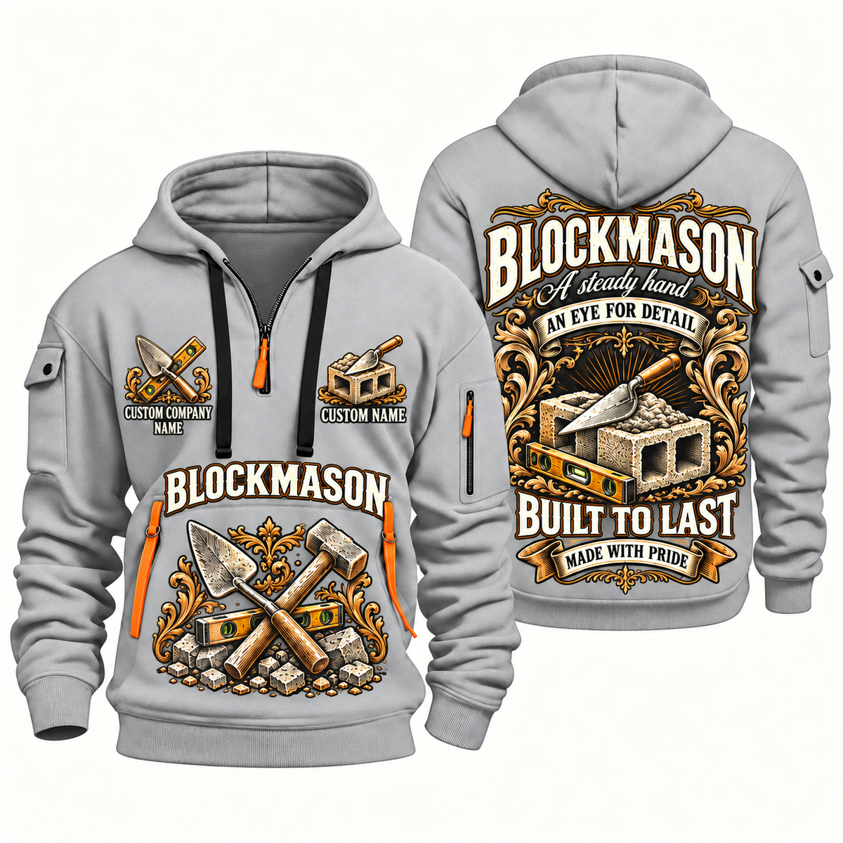 Blockmason Steady Hands Quarter Zip Hoodie Light Grey front and back