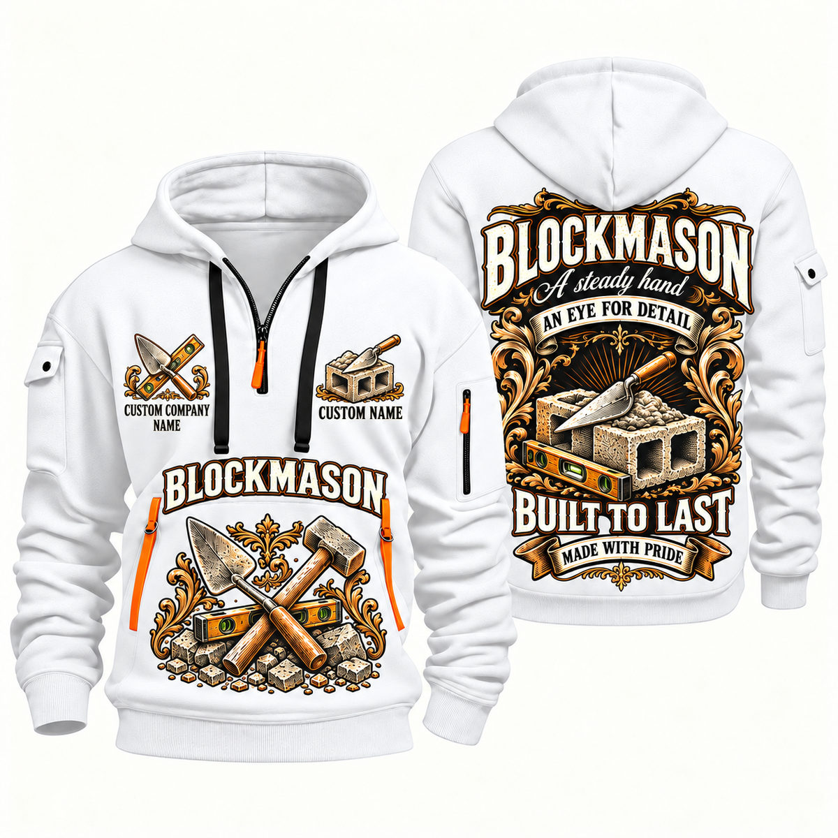Blockmason Steady Hands Quarter Zip Hoodie White front and back