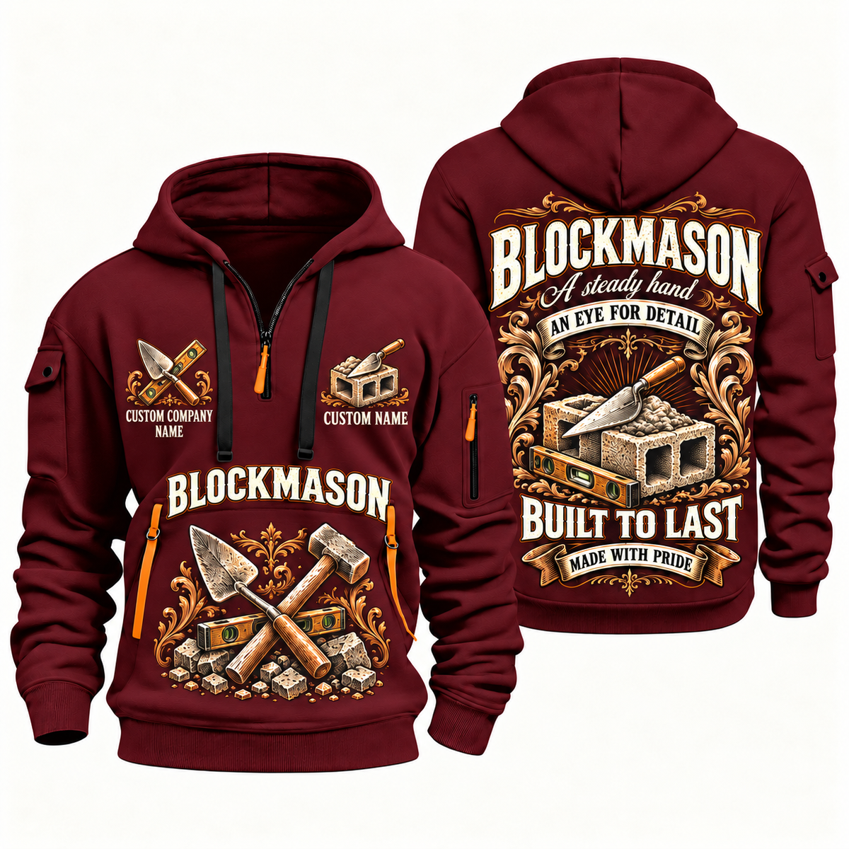 Blockmason Steady Hands Quarter Zip Hoodie Wine Red front and back