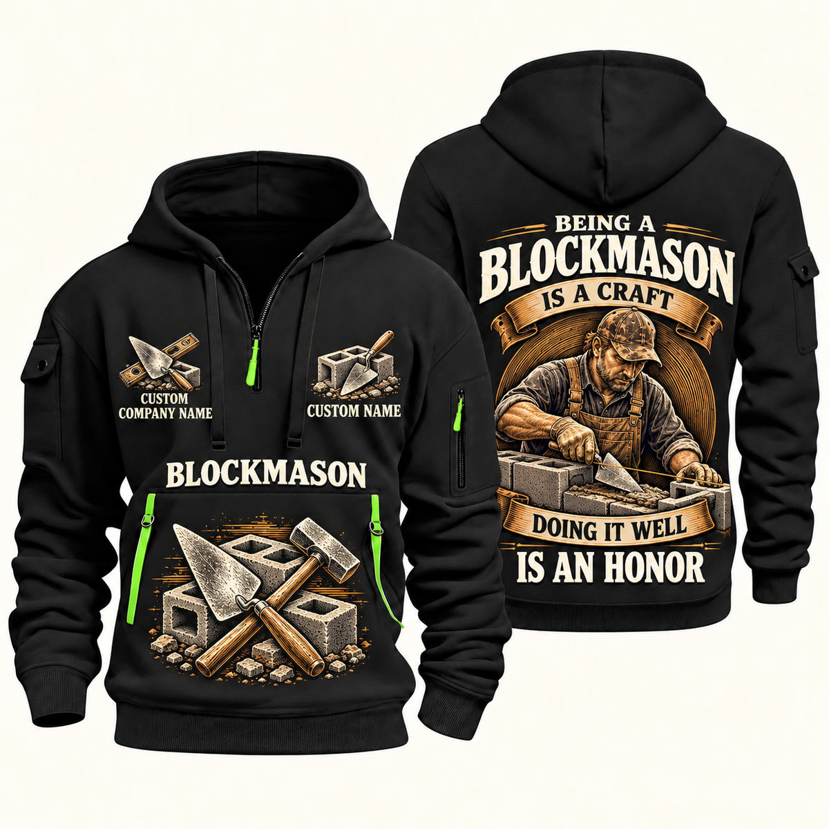 Blockmason Craft and Honor Quarter Zip Hoodie Black front and back