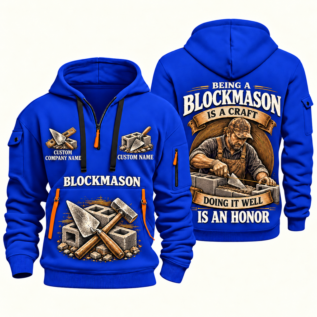 Blockmason Craft and Honor Quarter Zip Hoodie Blue front and back
