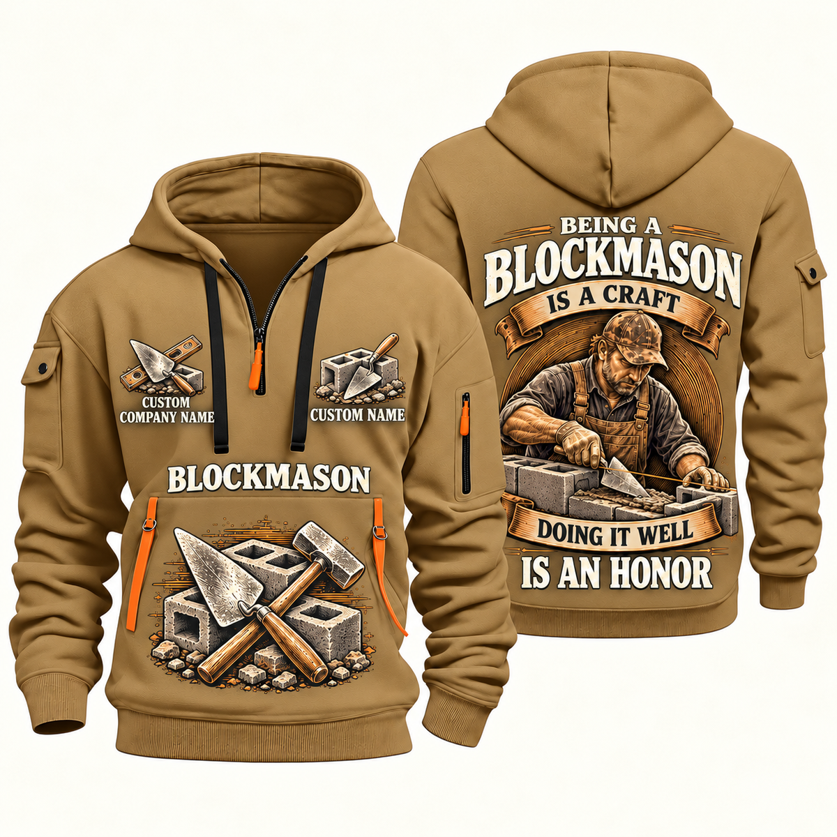 Blockmason Craft and Honor Quarter Zip Hoodie Khaki front and back