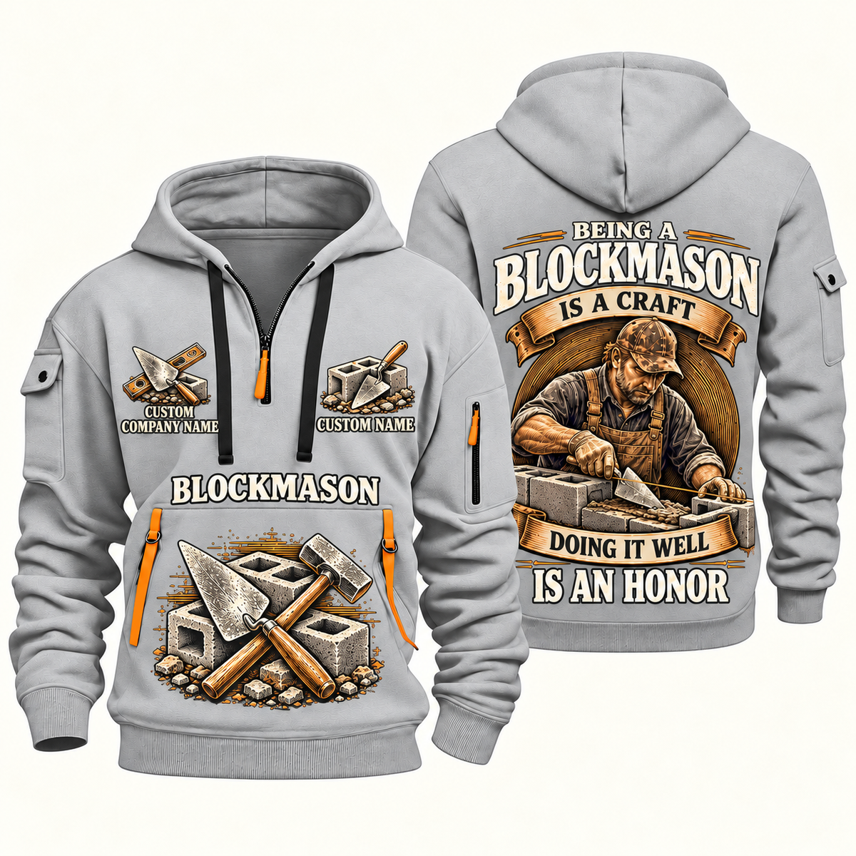 Blockmason Craft and Honor Quarter Zip Hoodie Light Grey front and back