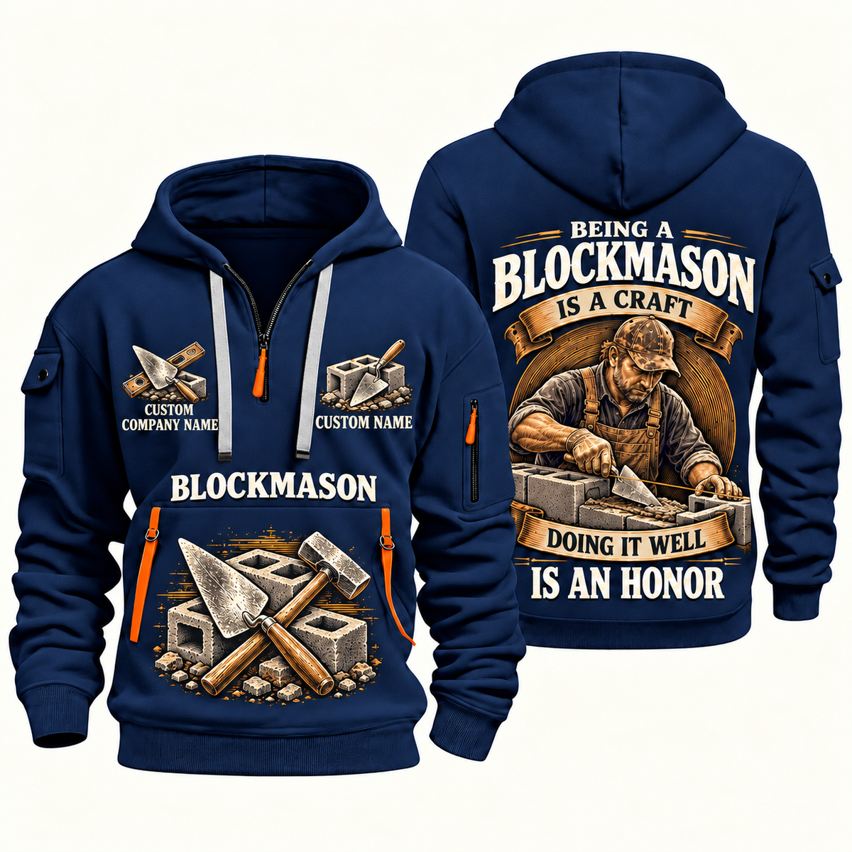Blockmason Craft and Honor Quarter Zip Hoodie Navy front and back