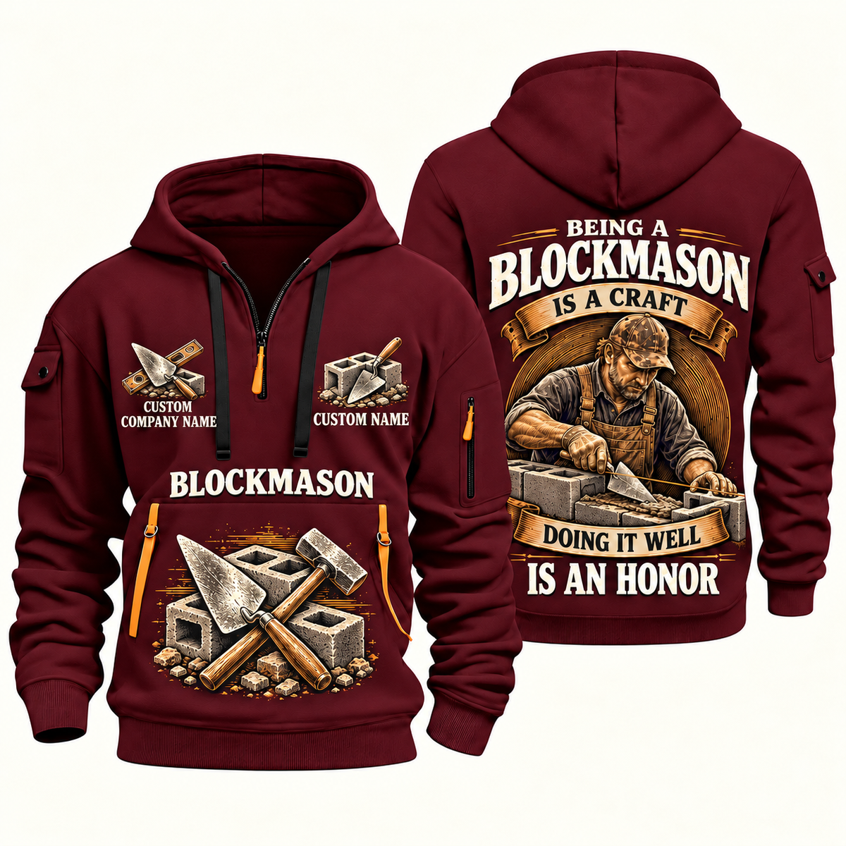 Blockmason Craft and Honor Quarter Zip Hoodie Wine Red front and back