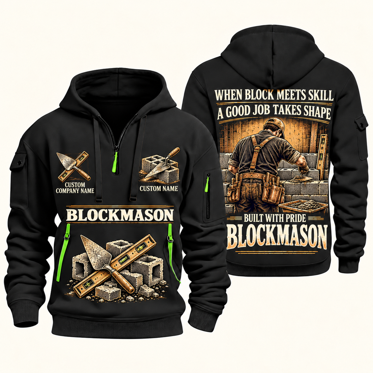 Blockmason Built with Pride Quarter Zip Hoodie Black front and back
