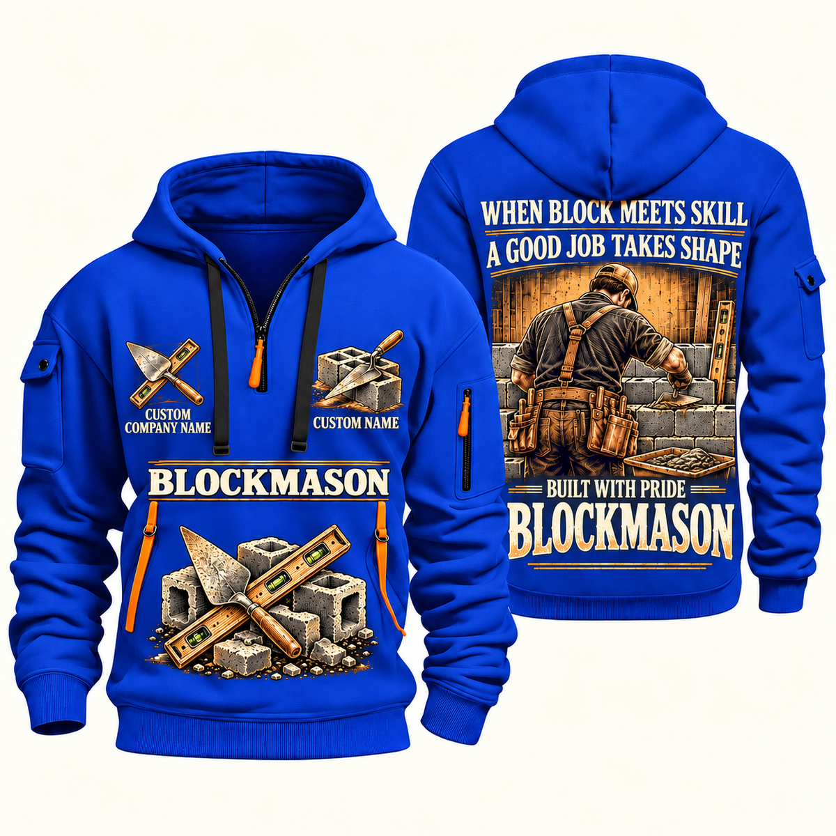 Blockmason Built with Pride Quarter Zip Hoodie Blue front and back