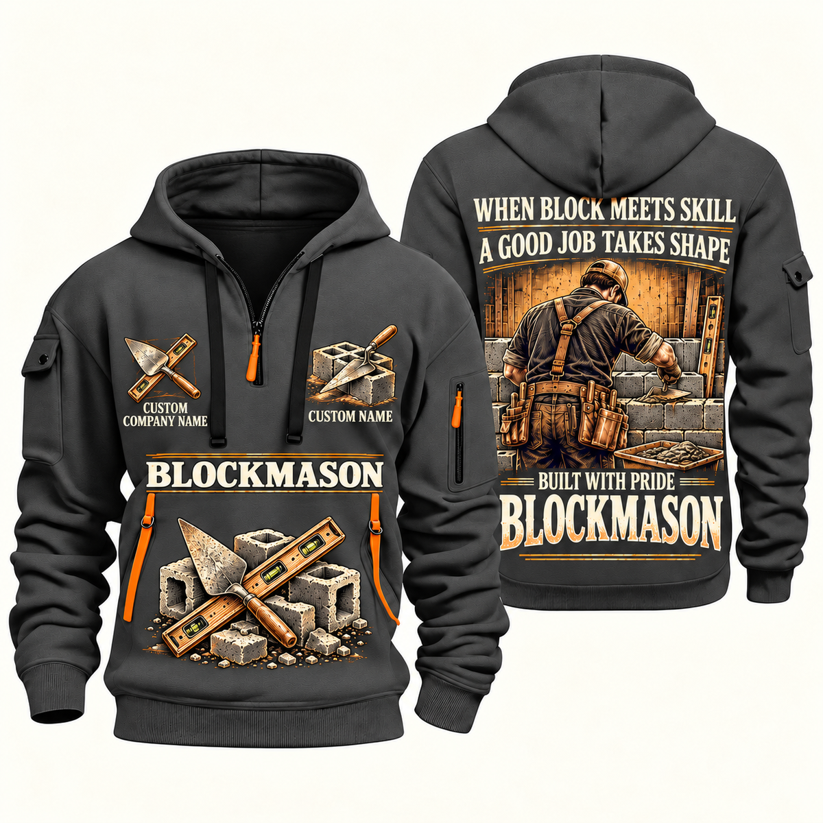 Blockmason Built with Pride Quarter Zip Hoodie Gray front and back