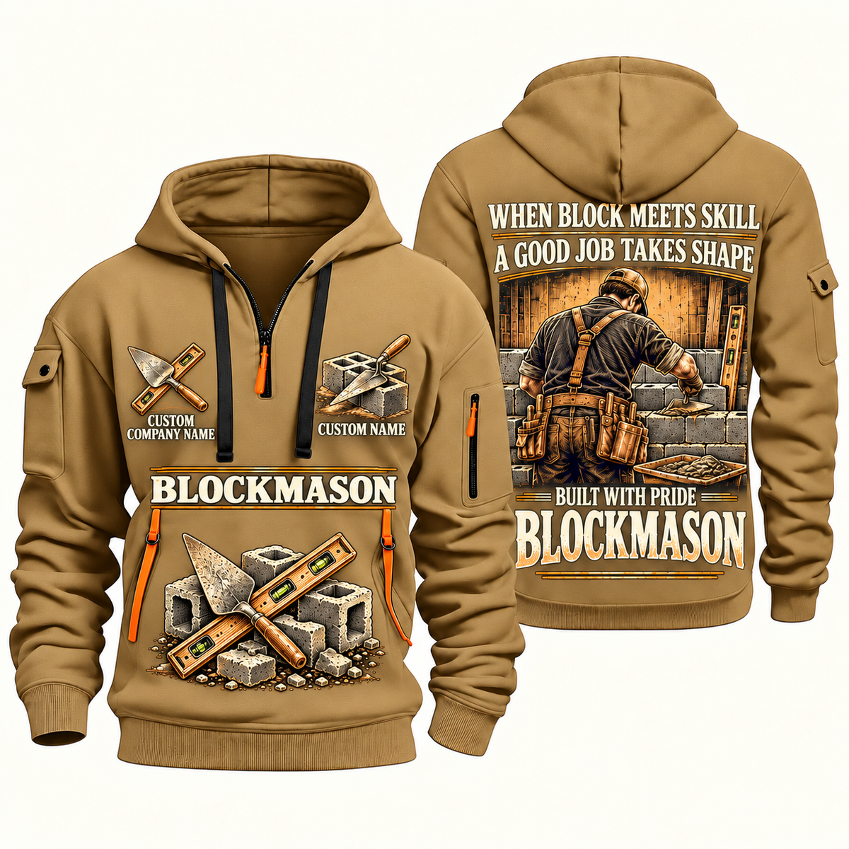 Blockmason Built with Pride Quarter Zip Hoodie Khaki front and back