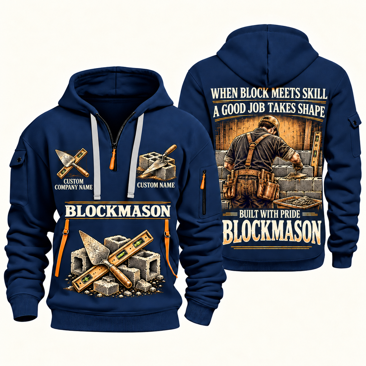 Blockmason Built with Pride Quarter Zip Hoodie Navy front and back