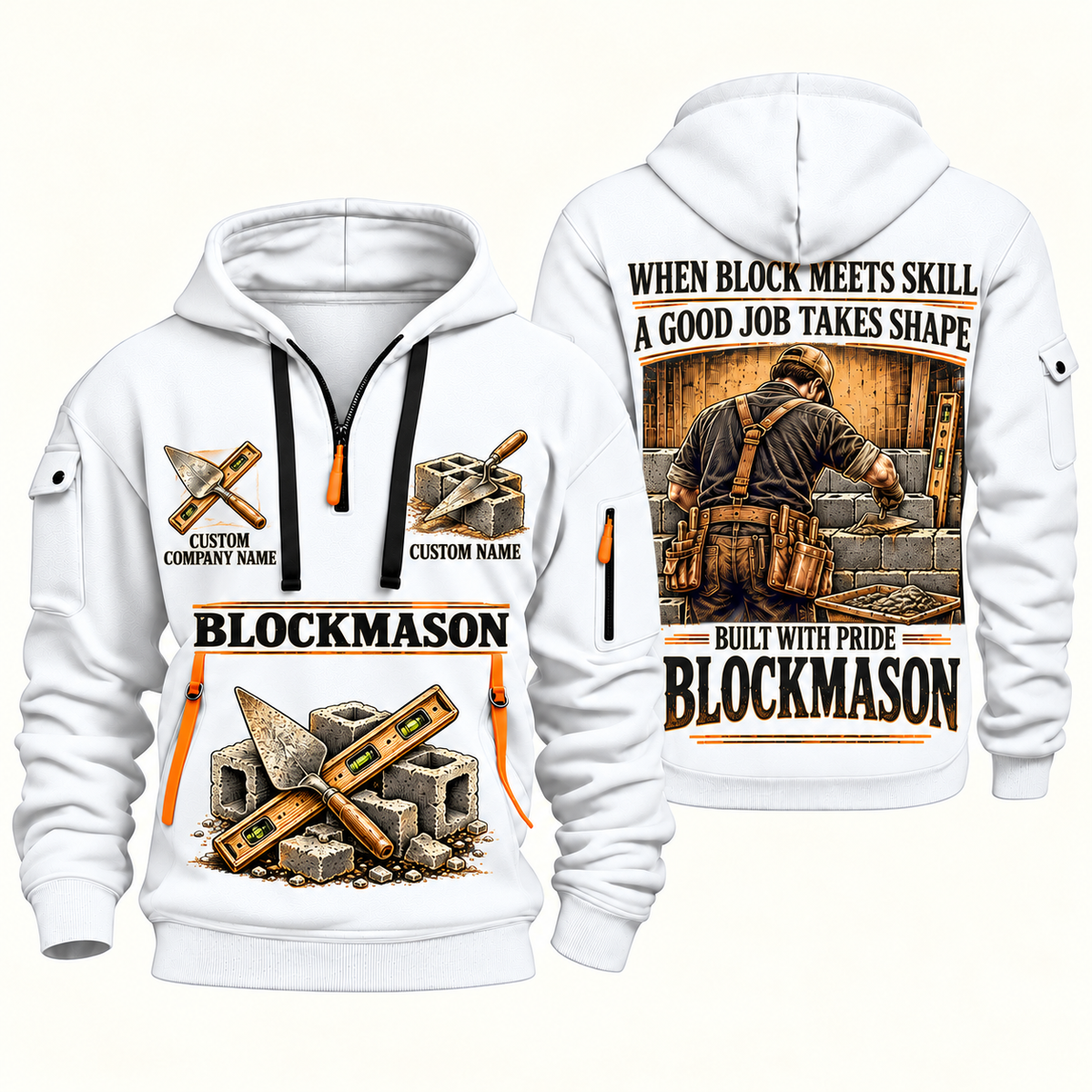 Blockmason Built with Pride Quarter Zip Hoodie White front and back